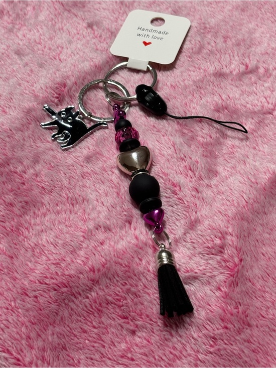 Handmade Accessories - Beaded Keychain with Cat Holding Knife Charm and Black Tassel.